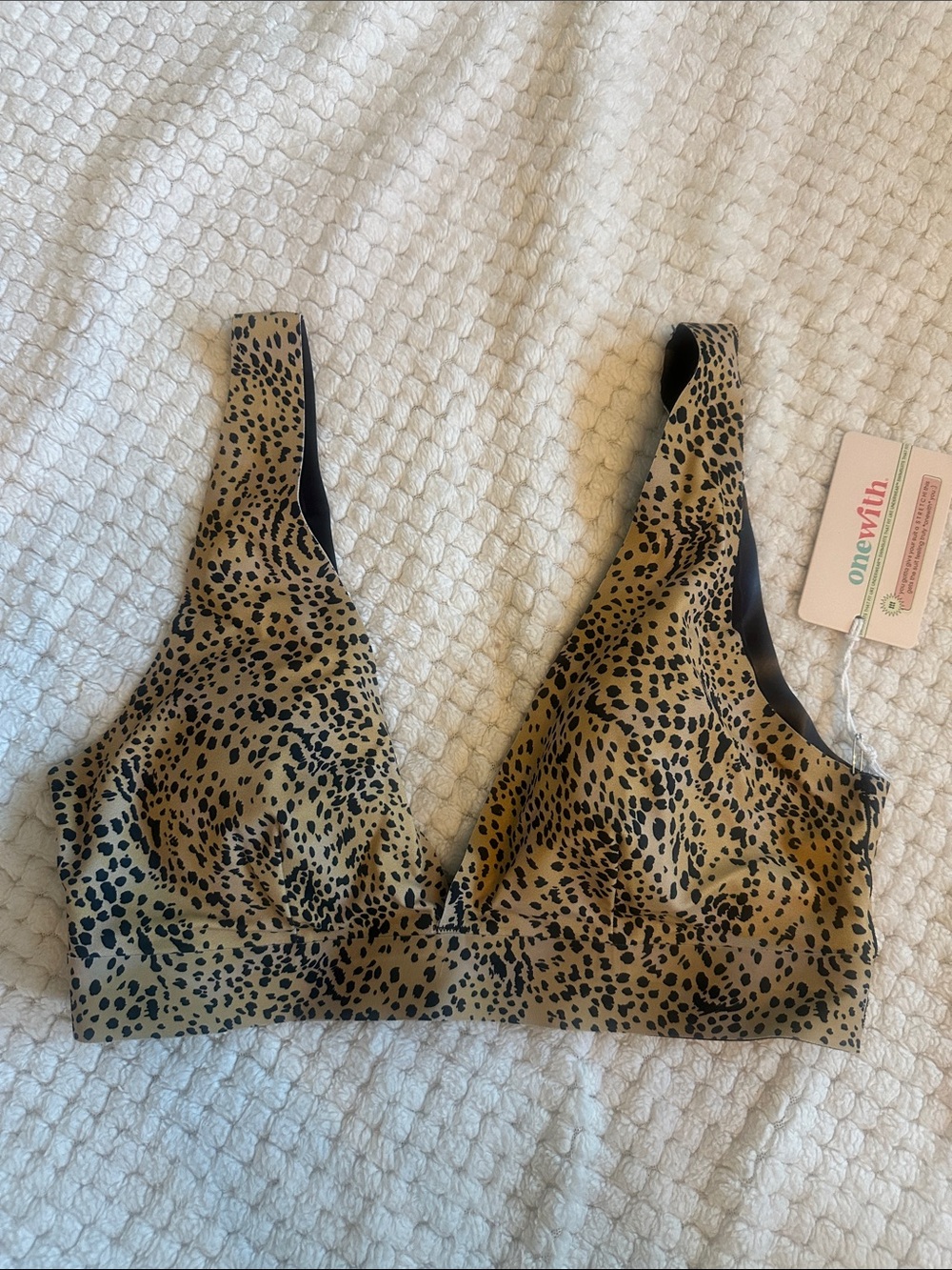 One With Leopard-Print V-Neck Bikini Top in Tan and Black